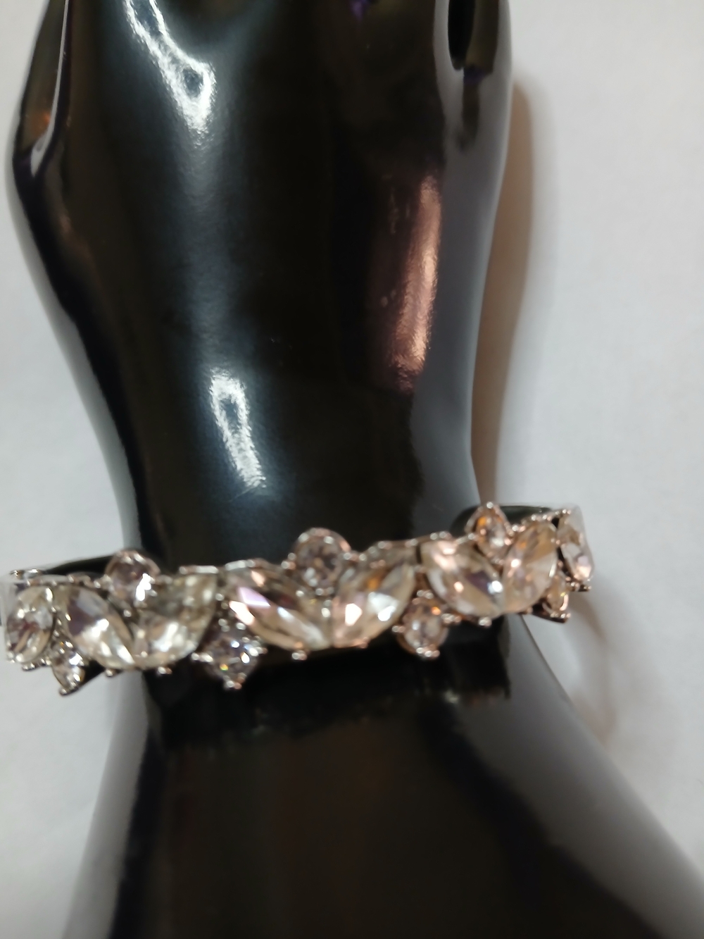 Crystal Leaf Band Bracelet - Clear Stones on Silver